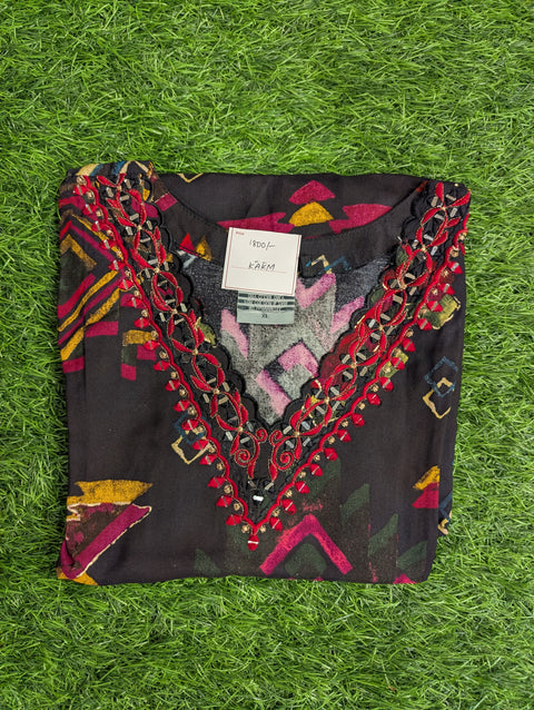Pure Muslin Printed Kurti| Black Red Print Mirror (101)