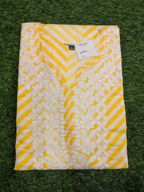 Cotton Chikankari Kurti| Bright Yellow Stripes ( 105)