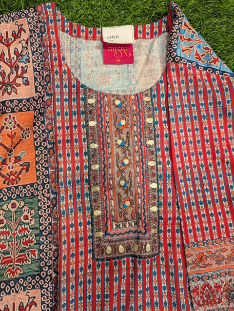 Muslin Printed Kurti | Red Blue Print Mirror (108)