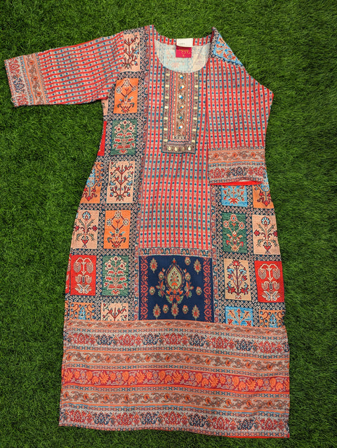 Muslin Printed Kurti | Red Blue Print Mirror (108)