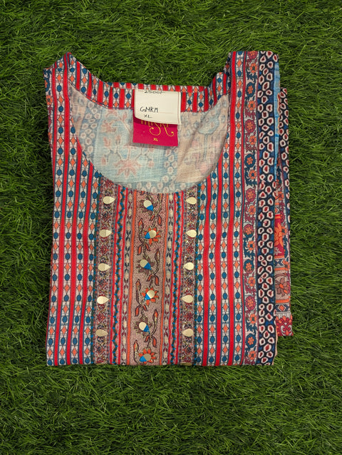 Muslin Printed Kurti | Red Blue Print Mirror (108)