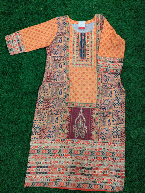 Muslin Printed Kurti | Yellowish Orange Print (109)