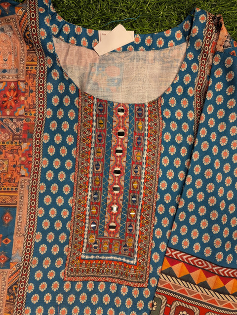 Muslin Printed Kurtii | Blue orange print mirror (111)