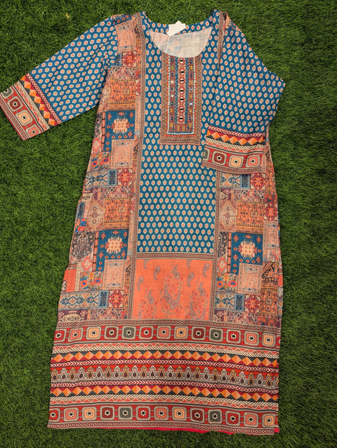 Muslin Printed Kurtii | Blue orange print mirror (111)