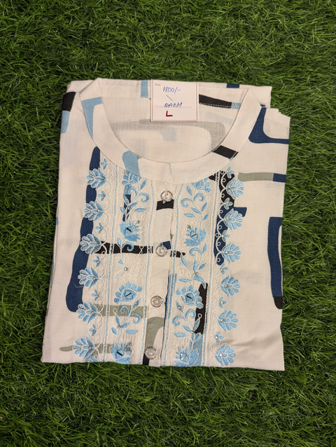 Premium Cotton Printed Kurti| White with blue stripes (119)