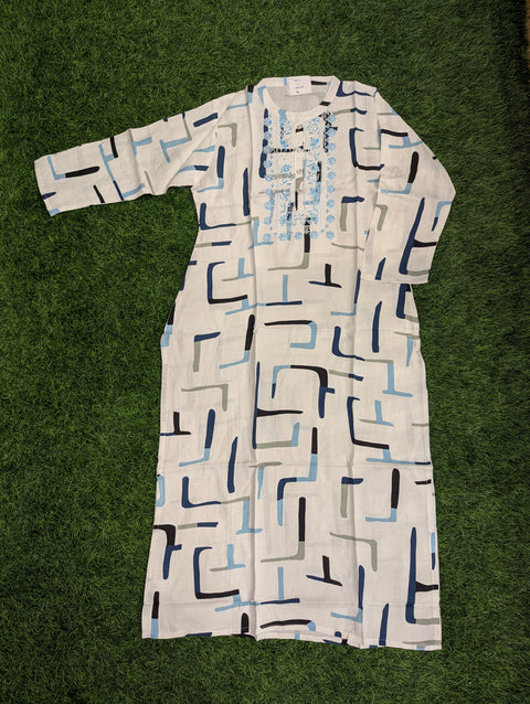 Premium Cotton Printed Kurti| White with blue stripes (119)