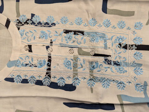 Premium Cotton Printed Kurti| White with blue stripes (119)