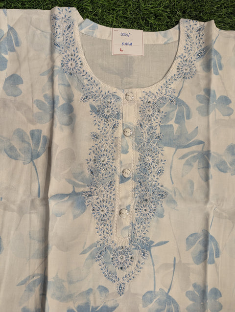 Premium Cotton Printed Kurti | White with blue floral print (120)