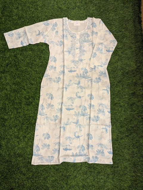 Premium Cotton Printed Kurti | White with blue floral print (120)