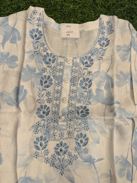 Premium Cotton Printed Kurti | White blue print (122)