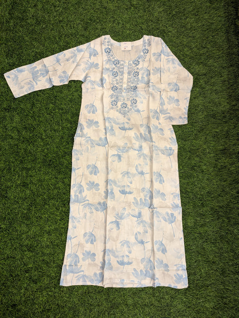 Premium Cotton Printed Kurti | White blue print (122)