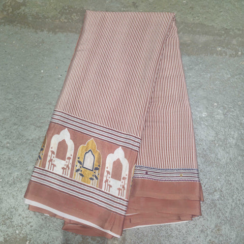 Satin Print Sarees With Fine Vertical Stripes