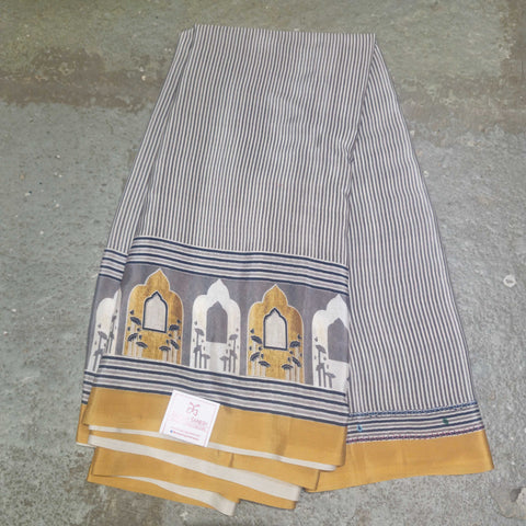 Satin Print Sarees With Fine Vertical Stripes