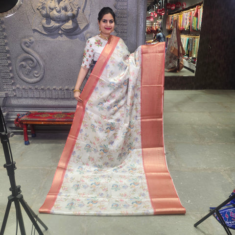 Floral white digital printed kota saree