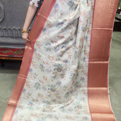 Floral white digital printed kota saree