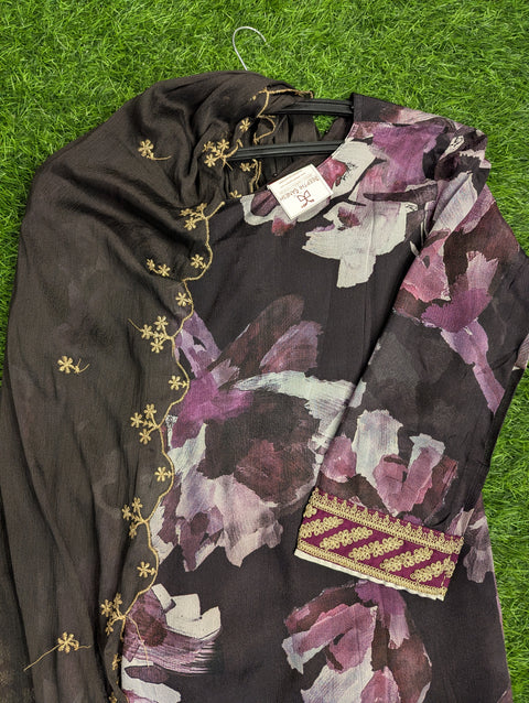 Chiffon Printed Kurti | Black With Lavender Floral Print (27)