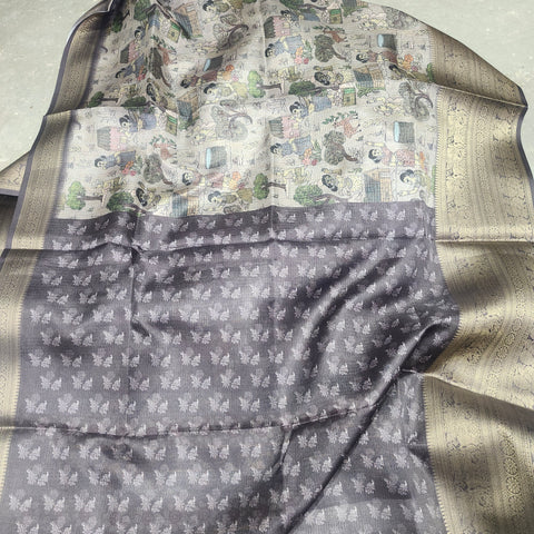 Fog grey digital printed kota saree