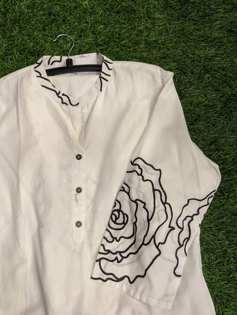 Cotton Printed Kurthi | White with Black Flowers (32)