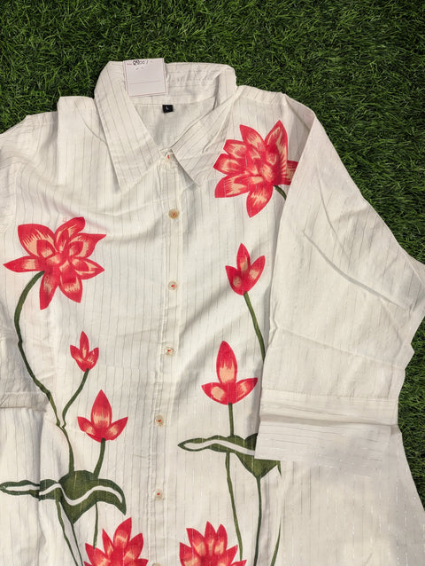 Cotton Printed Co-ord set | White with Red Flowers (33)