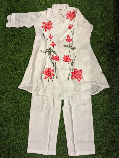 Cotton Printed Co-ord set | White with Red Flowers (33)