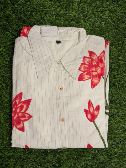 Cotton Printed Co-ord set | White with Red Flowers (33)