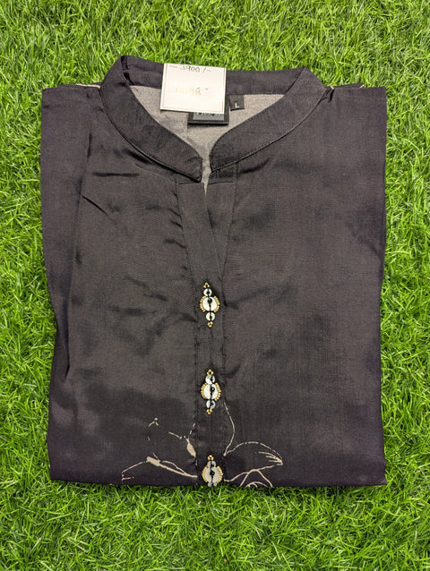 Italian Crepe Printed Kurti | Black With Floral Print (38)