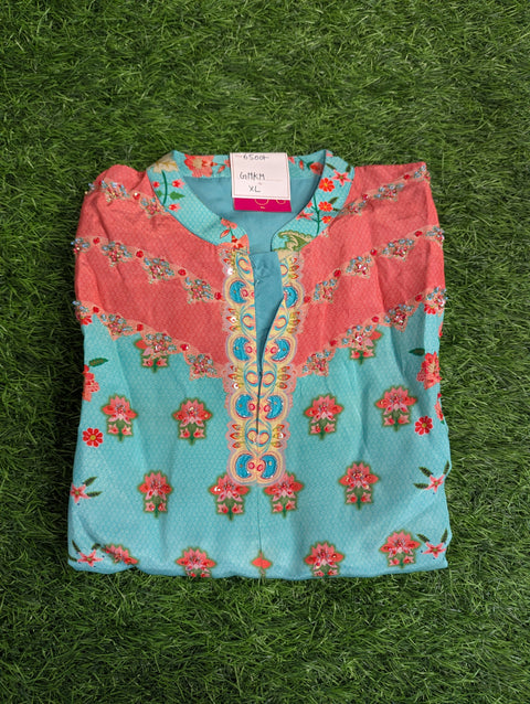 Pure Italian Crepe Printed Kurti | Blue Peach Print (41)