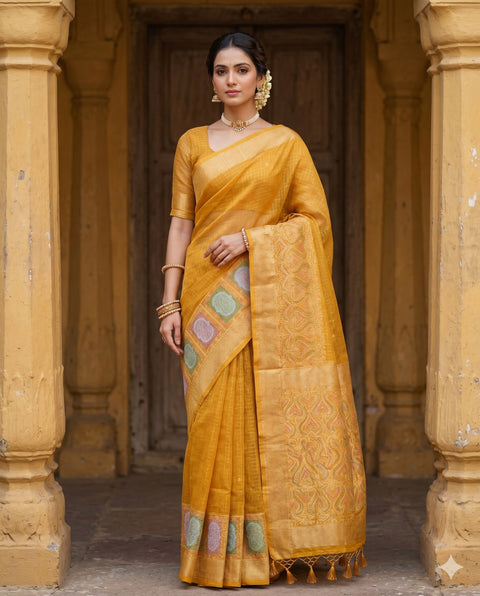 FANCY KANCHI SOFT SILK MUSTARD ORANGE SAREE