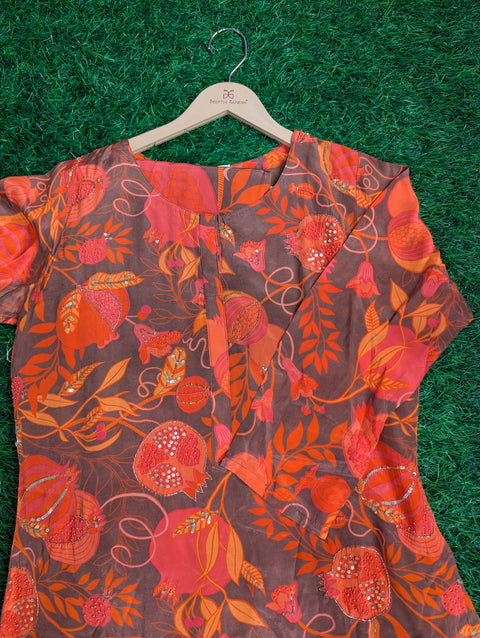 Pure Italian Crepe Printed Kurti | Orange Floral Print (44)