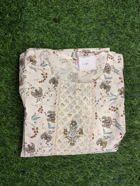 Cotton Printed Kurthi | White with Grey Floral Print (46)