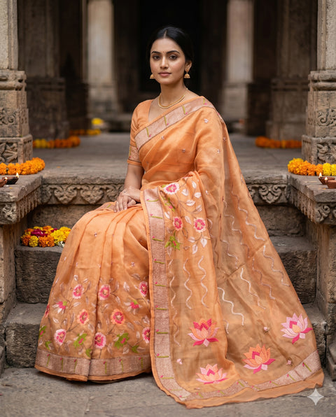 ORGANZA TISSUE ORANGE SAREE