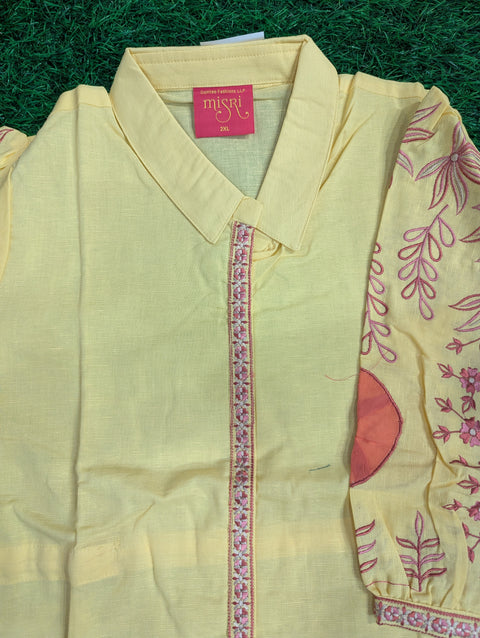 Premium Cotton Printed Kurti | Light Yellow with Pink Emb (61)