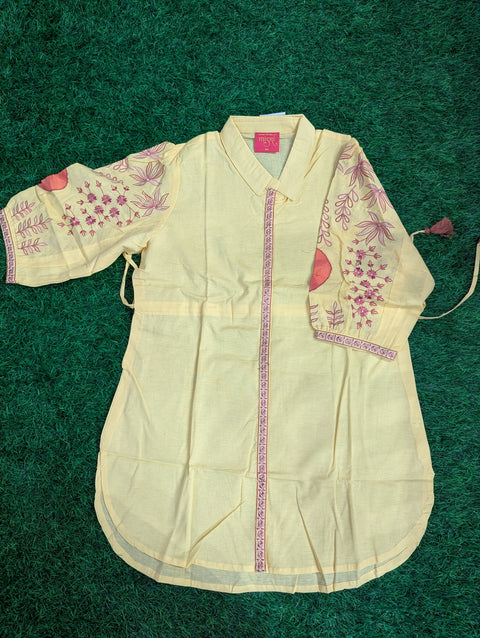 Premium Cotton Printed Kurti | Light Yellow with Pink Emb (61)