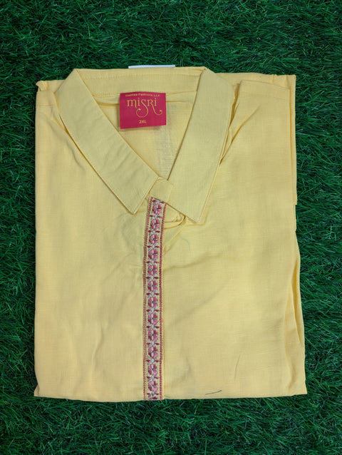 Premium Cotton Printed Kurti | Light Yellow with Pink Emb (61)