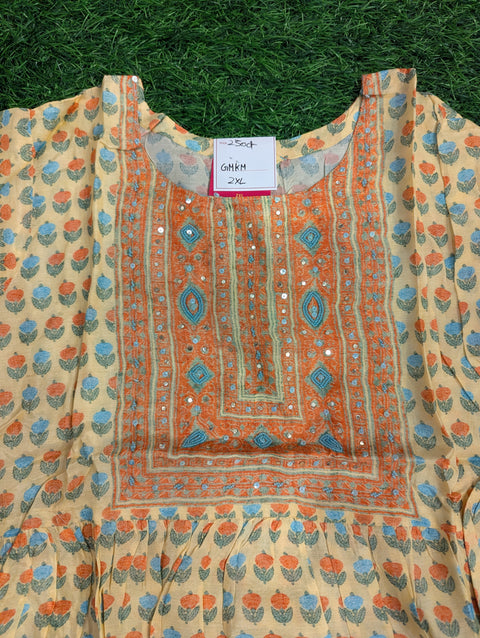 -Muslin Kurtii | Light Yellow with Blue Orange Print (62)