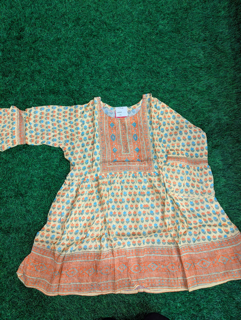-Muslin Kurtii | Light Yellow with Blue Orange Print (62)
