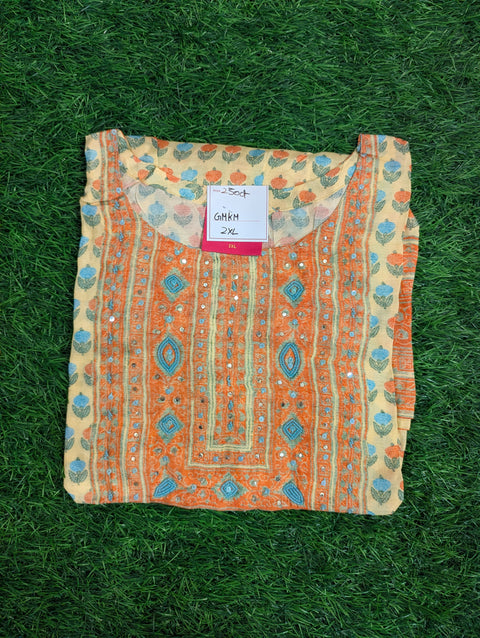-Muslin Kurtii | Light Yellow with Blue Orange Print (62)