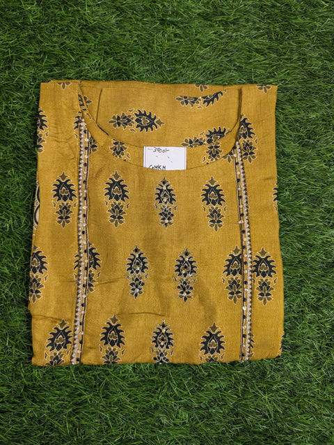 Italian Crepe Printed Kurti | Mustard Yellow with Blue Print (63)