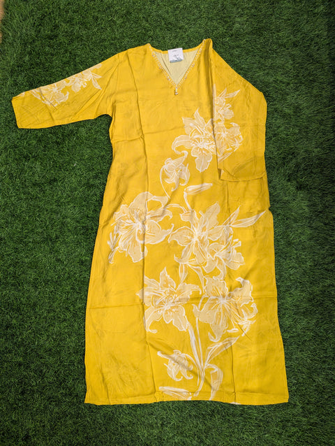 Pure Muslin Printed Kurti | Yellow with White Floral Print (65)