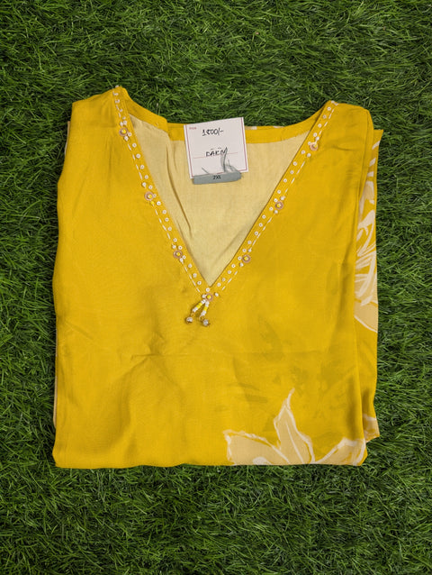 Pure Muslin Printed Kurti | Yellow with White Floral Print (65)