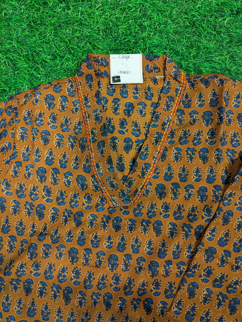 Cotton Printed Kurthi | Brown with Blue Print (67)