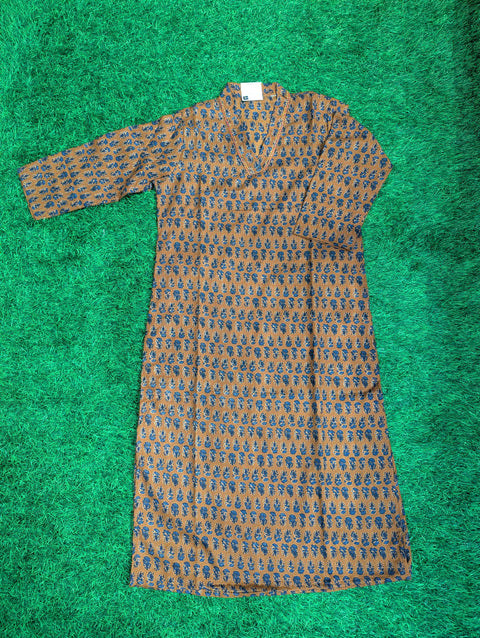 Cotton Printed Kurthi | Brown with Blue Print (67)