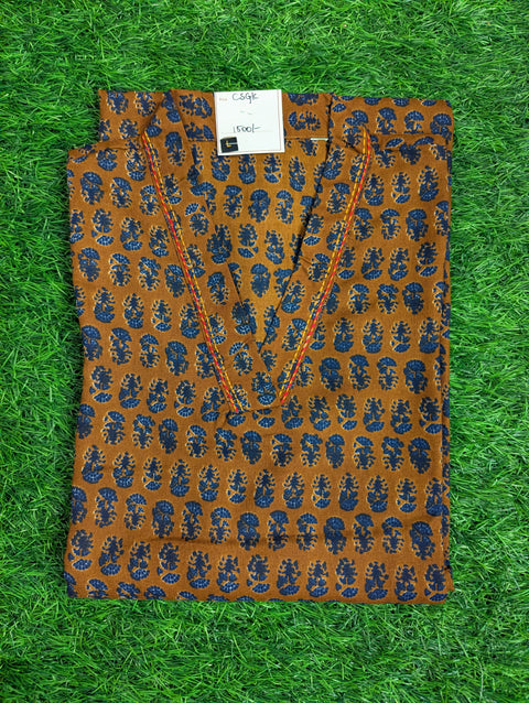 Cotton Printed Kurthi | Brown with Blue Print (67)
