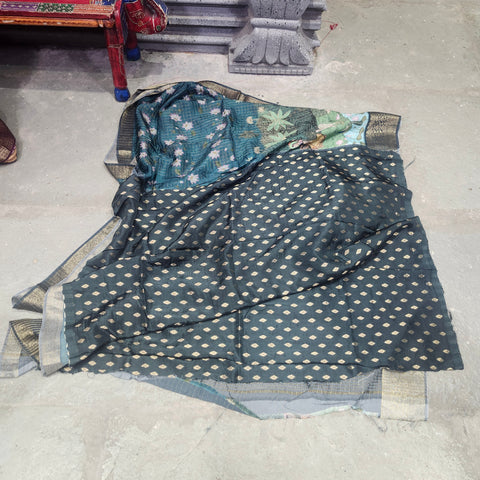 Pine green digital printed matka silk saree