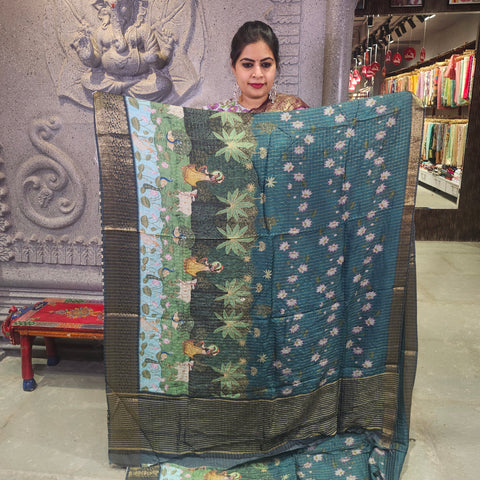 Pine green digital printed matka silk saree