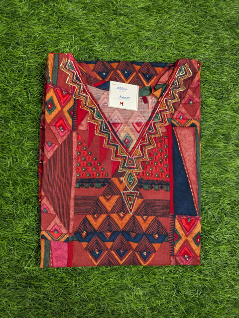 Pure Muslin Printed Kurti | Red multi color print (84)
