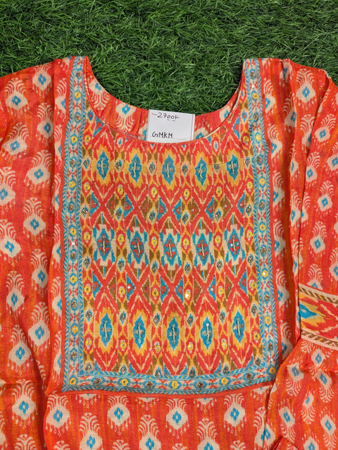 Muslin Kurti | Reddish orange blue print (87)
