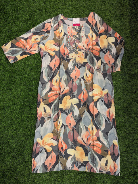 Pure Muslin Printed Kurti | Grey multi color print (90)