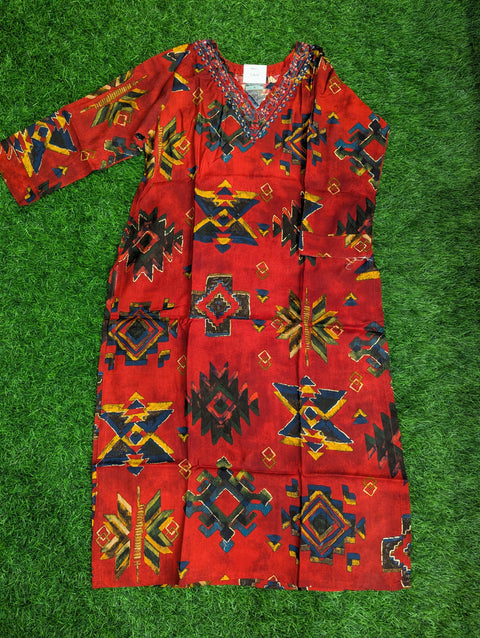 Pure Muslin Printed Kurti | Red blue print mirror(97)