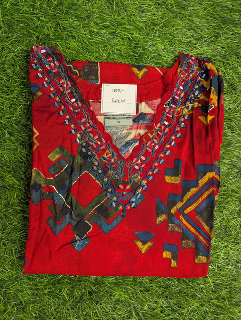 Pure Muslin Printed Kurti | Red blue print mirror(97)